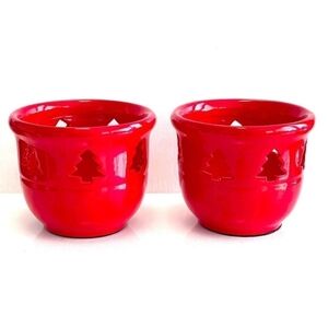 Pair of Ceramic New Year Tree Candle Holders Christmas Holiday Decor